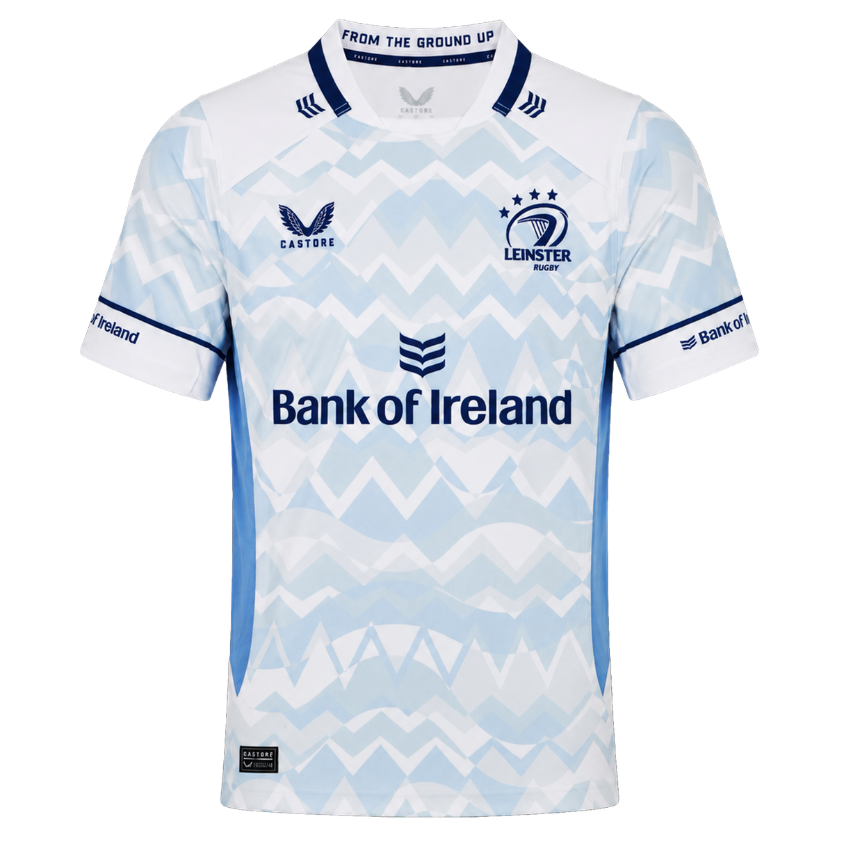 The Castore Leinster 24/25 Replica Away Jersey features a light blue and white zigzag design, sponsorship logos, and three stars above the club crest on the chest.