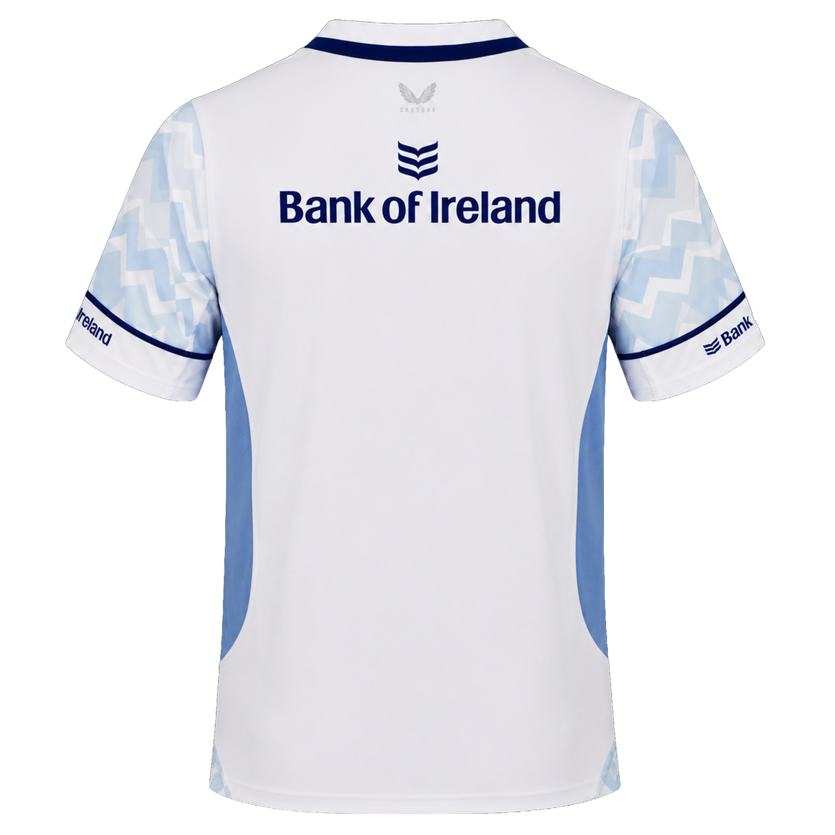 Back view of the Leinster 24/25 Replica Away Jersey by Castore, featuring light blue accents, zigzag sleeve patterns, and "Bank of Ireland" sponsor—a must-have for passionate Leinster fans.