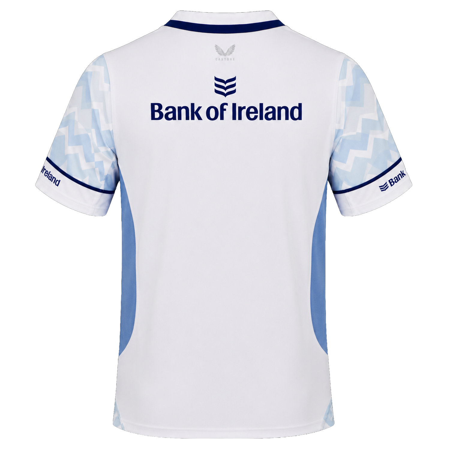 Back view of the Leinster 24/25 Replica Away Jersey by Castore, featuring light blue accents, zigzag sleeve patterns, and "Bank of Ireland" sponsor—a must-have for passionate Leinster fans.