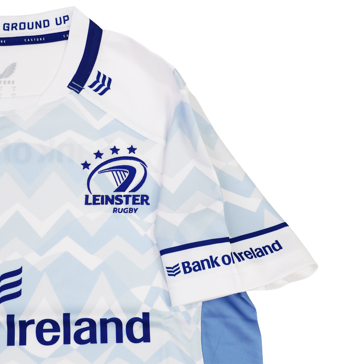 The Leinster 24/25 Replica Away Jersey by Castore features a zigzag design, three stars, Leinster’s logo, and Bank of Ireland sponsor logos on the chest and sleeve.