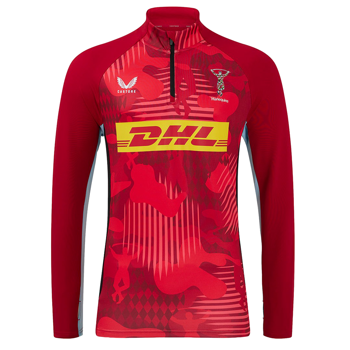 The Harlequins 24/25 Matchday 1/4 Zip Midlayer by Castore features red and maroon long sleeves, yellow DHL logo, Castore branding, and the Harlequins crest on the chest.
