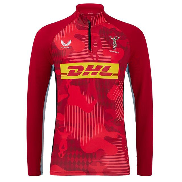 The Harlequins 24/25 Matchday 1/4 Zip Midlayer by Castore features red and maroon long sleeves, yellow DHL logo, Castore branding, and the Harlequins crest on the chest.
