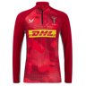 The Harlequins 24/25 Matchday 1/4 Zip Midlayer by Castore features red and maroon long sleeves, yellow DHL logo, Castore branding, and the Harlequins crest on the chest.