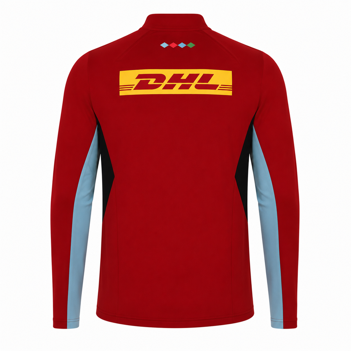 The Harlequins 24/25 Matchday 1/4 Zip Midlayer by Castore features a red body, light blue sleeves, a yellow DHL logo on the back, and small colored diamond shapes near the collar—ideal for rugby fans.