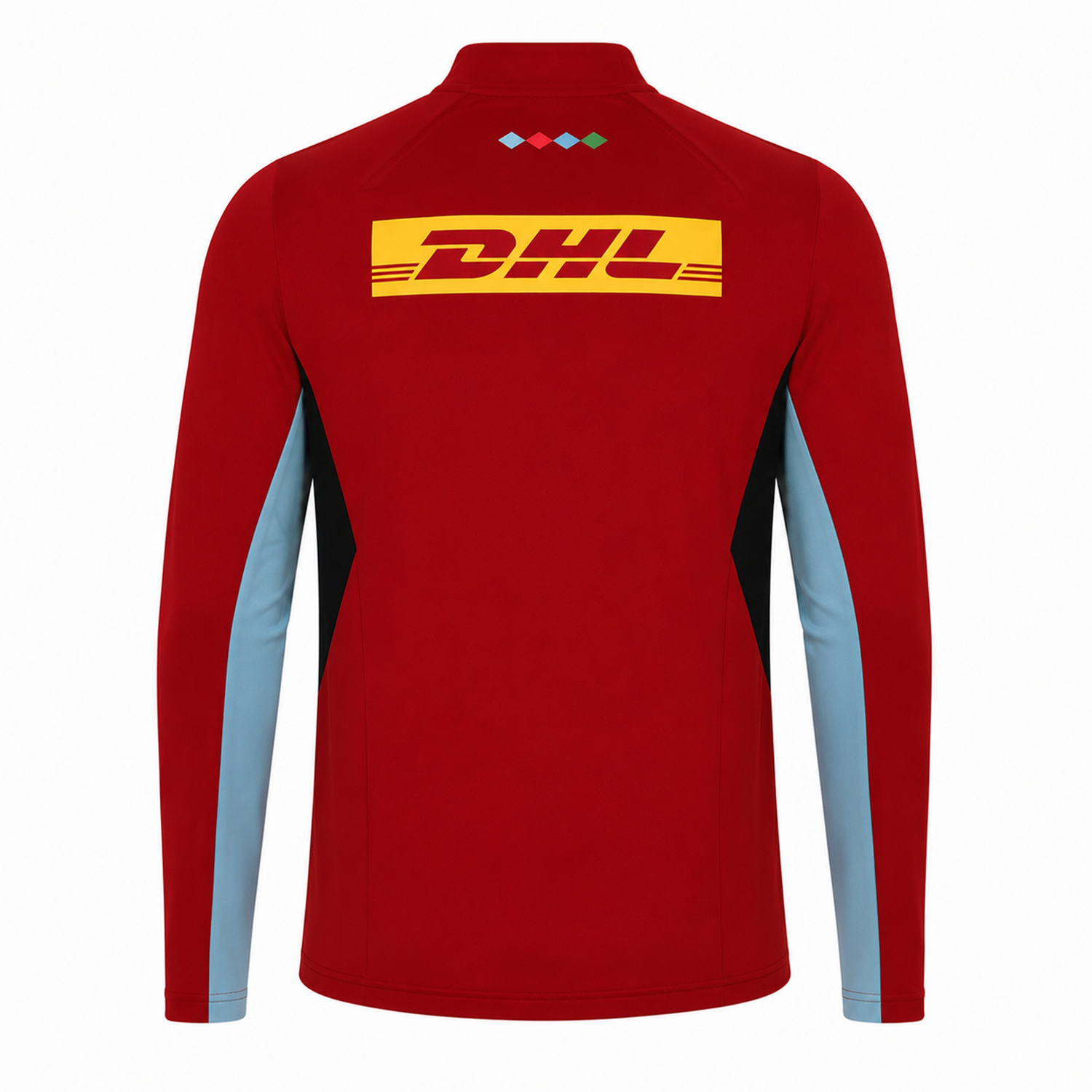 The Harlequins 24/25 Matchday 1/4 Zip Midlayer by Castore features a red body, light blue sleeves, a yellow DHL logo on the back, and small colored diamond shapes near the collar—ideal for rugby fans.