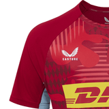Get a detailed look at the Harlequins 24/25 Matchday Tee by Castore, featuring a vibrant red and maroon design with the iconic Castore logo and a bold DHL sponsorship. This tee is ideal for Harlequins Rugby fans, equipped with moisture-wicking technology to ensure comfort even during high-pressure moments.