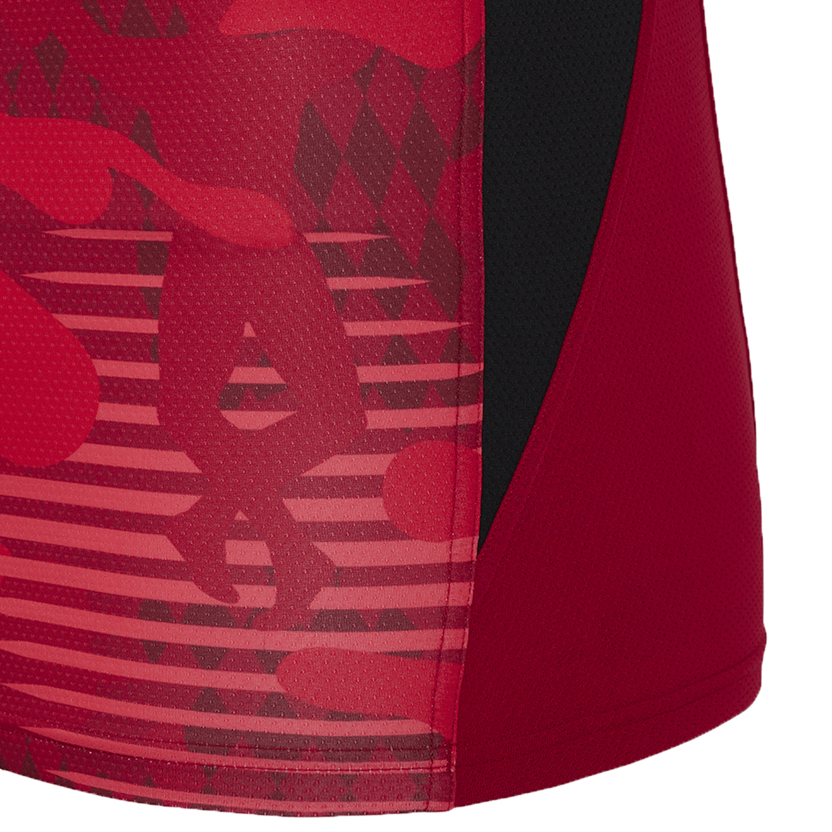 Close-up of a red and black Harlequins 24/25 Matchday Tee by Castore, showcasing abstract patterns and a moisture-wicking mesh texture.