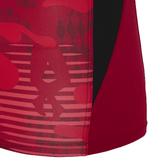 Close-up of a red and black Harlequins 24/25 Matchday Tee by Castore, showcasing abstract patterns and a moisture-wicking mesh texture.