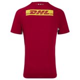 Rear perspective of the Harlequins 24/25 Matchday Tee by Castore, showcasing its red sports jersey design and moisture-wicking fabric. It prominently displays the iconic yellow DHL logo on the upper back, making it an ideal choice for Harlequins Rugby fans.