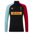 The Harlequins 24/25 Matchday 1/4 Zip Midlayer by Castore features light blue and red long sleeves, a black front, DHL sponsor logo, and both Harlequins and Castore chest logos.