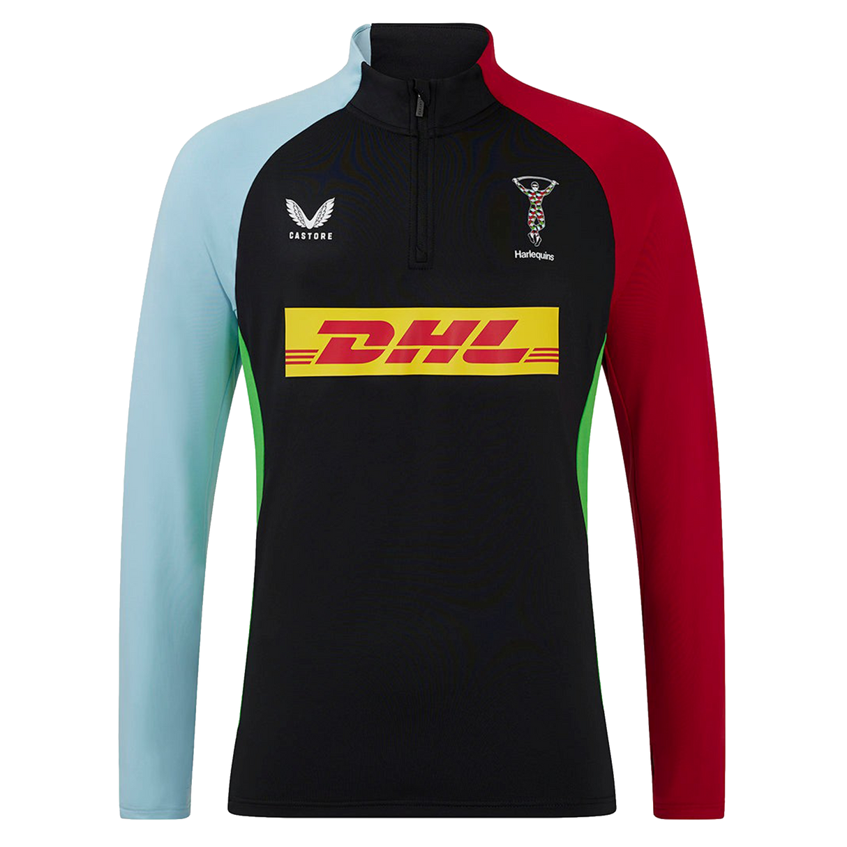 The Harlequins 24/25 Matchday 1/4 Zip Midlayer by Castore features light blue and red long sleeves, a black front, DHL sponsor logo, and both Harlequins and Castore chest logos.