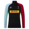 The Harlequins 24/25 Matchday 1/4 Zip Midlayer by Castore features light blue and red long sleeves, a black front, DHL sponsor logo, and both Harlequins and Castore chest logos.