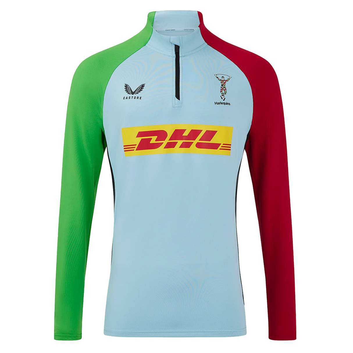The Harlequins 24/25 Matchday 1/4 Zip Midlayer by Castore features a light blue body, green left sleeve, red right sleeve, and DHL logo—perfect for rugby fans seeking authentic style.