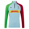 The Harlequins 24/25 Matchday 1/4 Zip Midlayer by Castore features a light blue body, green left sleeve, red right sleeve, and DHL logo—perfect for rugby fans seeking authentic style.