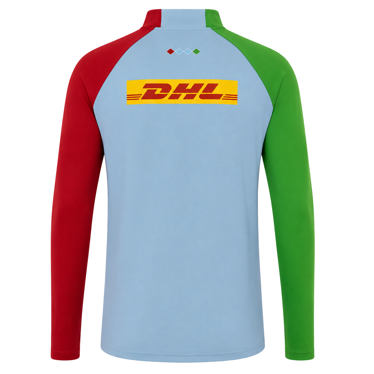 The Harlequins 24/25 Matchday 1/4 Zip Midlayer by Castore features a light blue back, red right sleeve, green left sleeve, and a yellow DHL logo on the upper back.