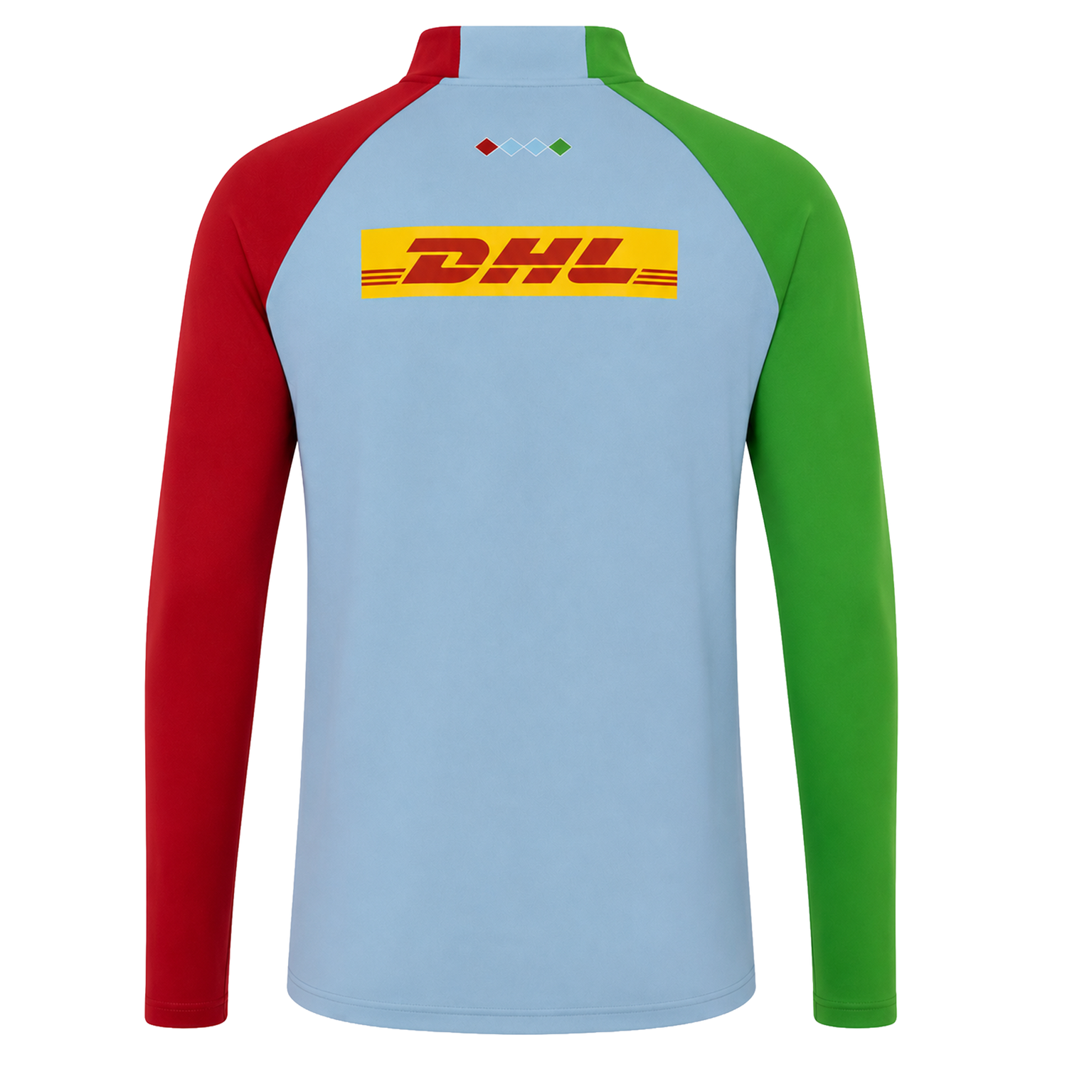 The Harlequins 24/25 Matchday 1/4 Zip Midlayer by Castore features a light blue back, red right sleeve, green left sleeve, and a yellow DHL logo on the upper back.