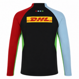 The Harlequins 24/25 Matchday 1/4 Zip Midlayer by Castore features a black back, red right sleeve, light blue left sleeve, green side panels, and a yellow DHL logo—ideal for matchdays.