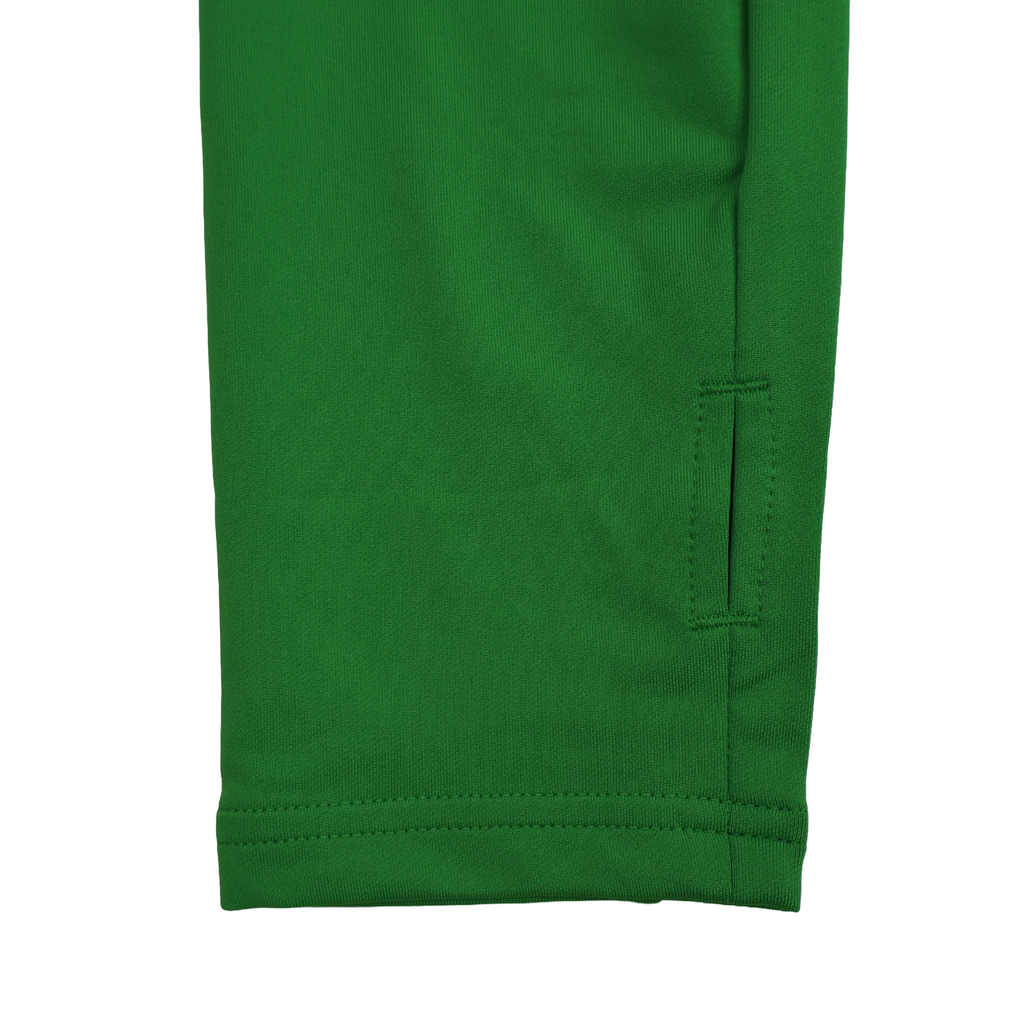 Close-up of the lower leg section on the green Harlequins 24/25 Matchday 1/4 Zip Midlayer by Castore, showing a stitched rectangular opening near the side seam.