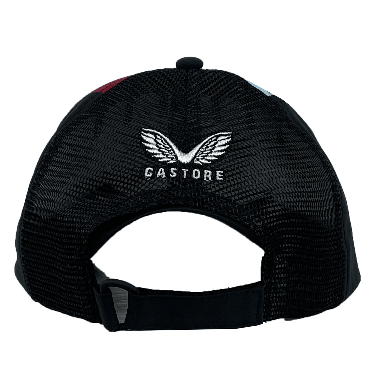 The Harlequins Club Cap 24/25 by Castore showcases a rear view with a white embroidered logo featuring wings and the "Castore" branding, accompanied by an adjustable Velcro strap to ensure an ideal fit.