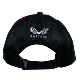 The Harlequins Club Cap 24/25 by Castore showcases a rear view with a white embroidered logo featuring wings and the "Castore" branding, accompanied by an adjustable Velcro strap to ensure an ideal fit.