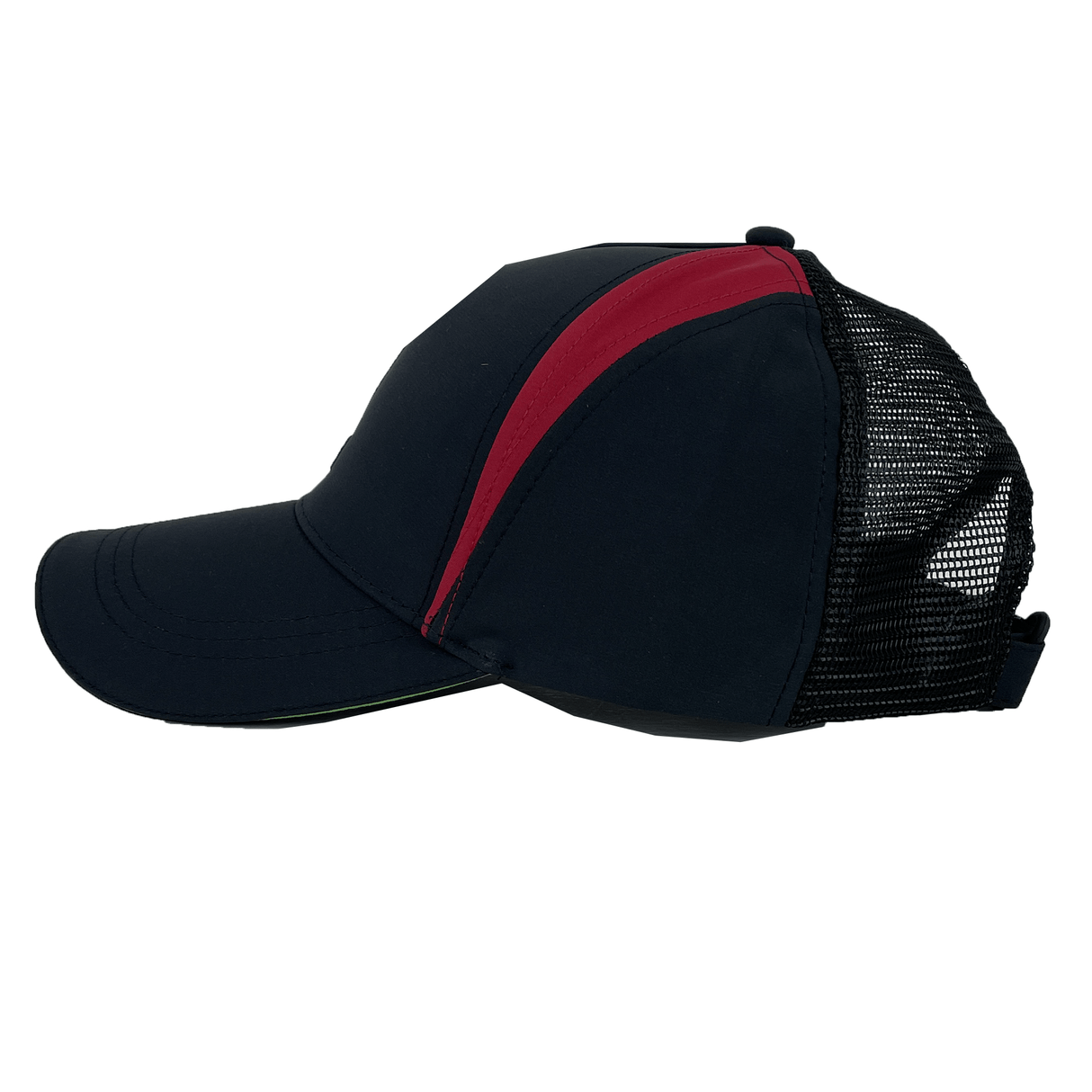 Side view of the Harlequins Club Cap 24/25 by Castore, showcasing a dark baseball cap with a red stripe, black mesh back, and an embroidered logo.