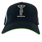The Harlequins Club Cap 24/25 by Castore showcases a unique black design, highlighted with an embroidered Harlequins logo on the front. It incorporates red, white, and blue accents on the sides, complemented by a green underside of the brim, and includes a breathable mesh back for enhanced comfort.