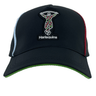 The Harlequins Club Cap 24/25 by Castore showcases a unique black design, highlighted with an embroidered Harlequins logo on the front. It incorporates red, white, and blue accents on the sides, complemented by a green underside of the brim, and includes a breathable mesh back for enhanced comfort.