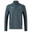 The Bath 24/25 Pro Players 1/4 Zip Midlayer by Castore is a gray, moisture-wicking pullover with black side panels and teal chest logos, shown on a plain white background.