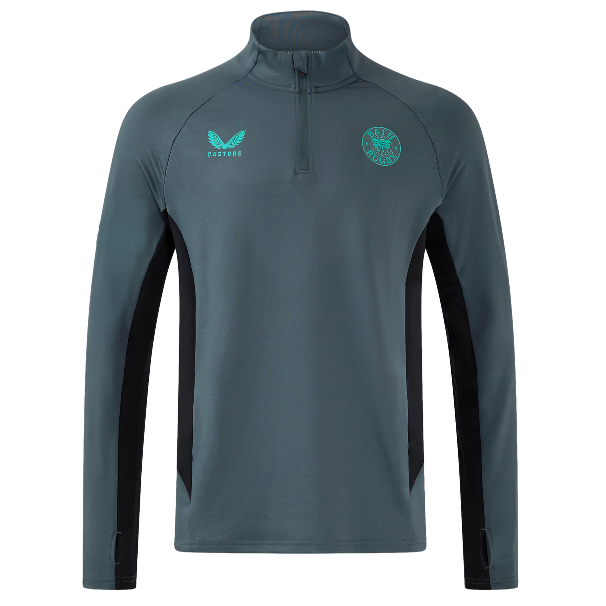 The Bath 24/25 Pro Players 1/4 Zip Midlayer by Castore is a gray, moisture-wicking pullover with black side panels and teal chest logos, shown on a plain white background.