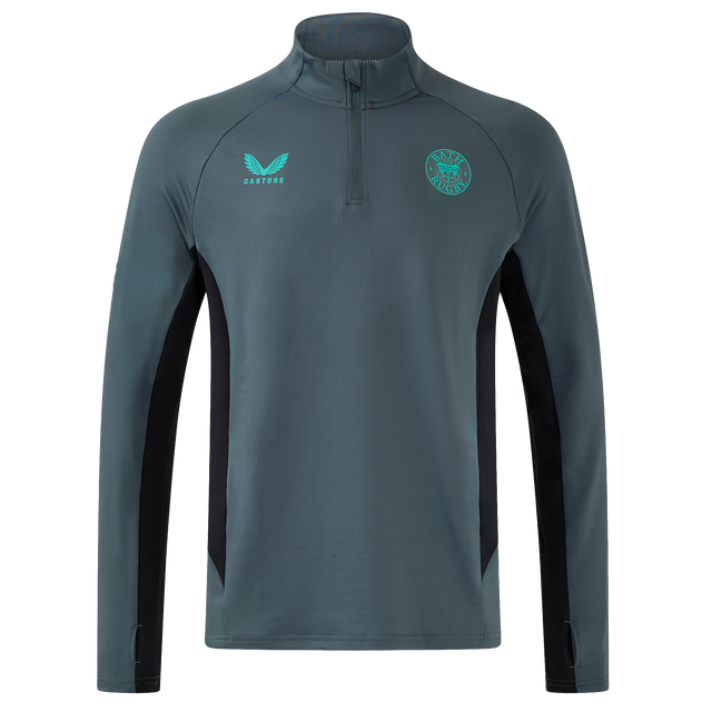 The Bath 24/25 Pro Players 1/4 Zip Midlayer by Castore is a gray, moisture-wicking pullover with black side panels and teal chest logos, shown on a plain white background.