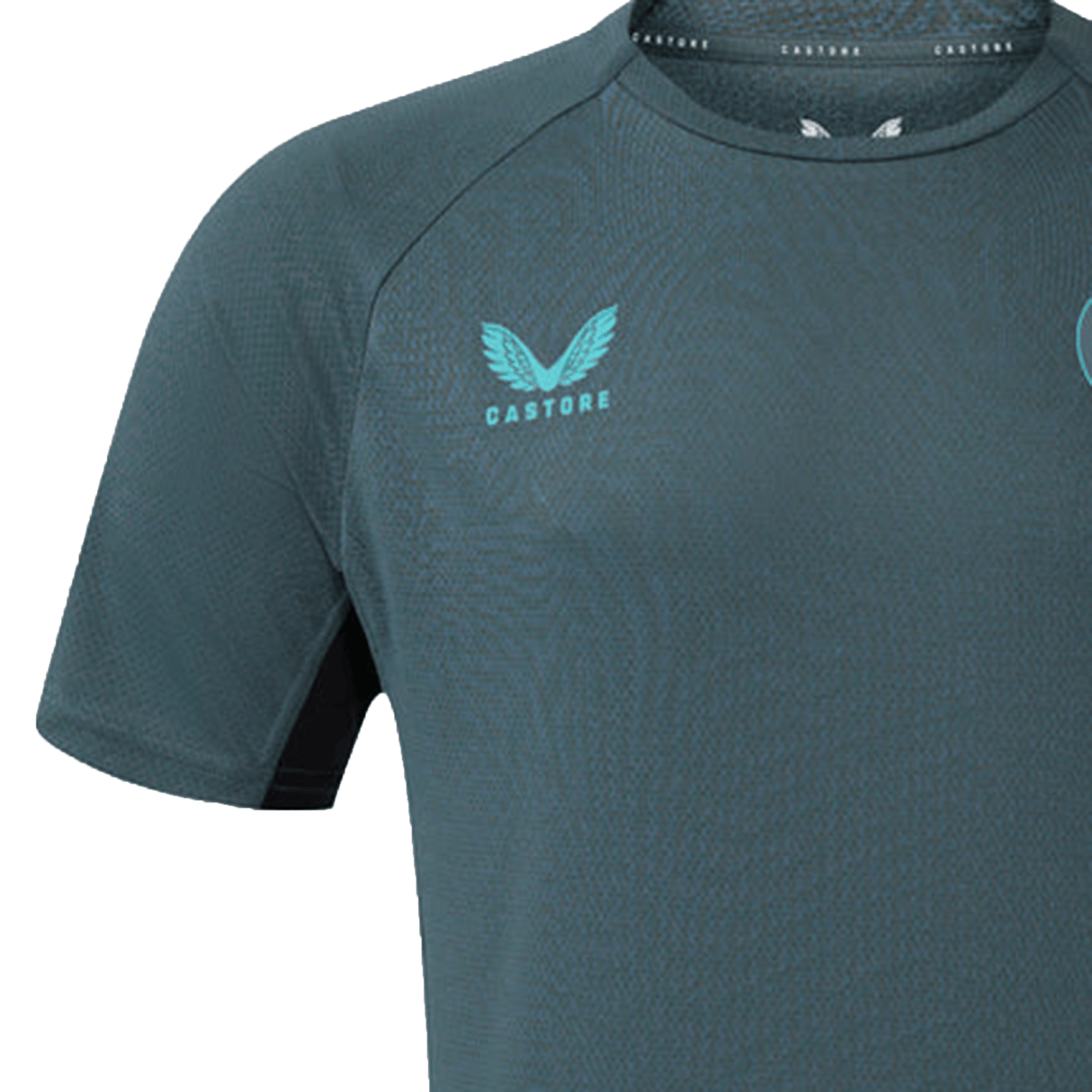 Dark green Bath Rugby 24/25 Rise Pro Players Training Tee by Castore, showcasing a light blue logo on the chest and shoulder, perfect for enthusiasts.