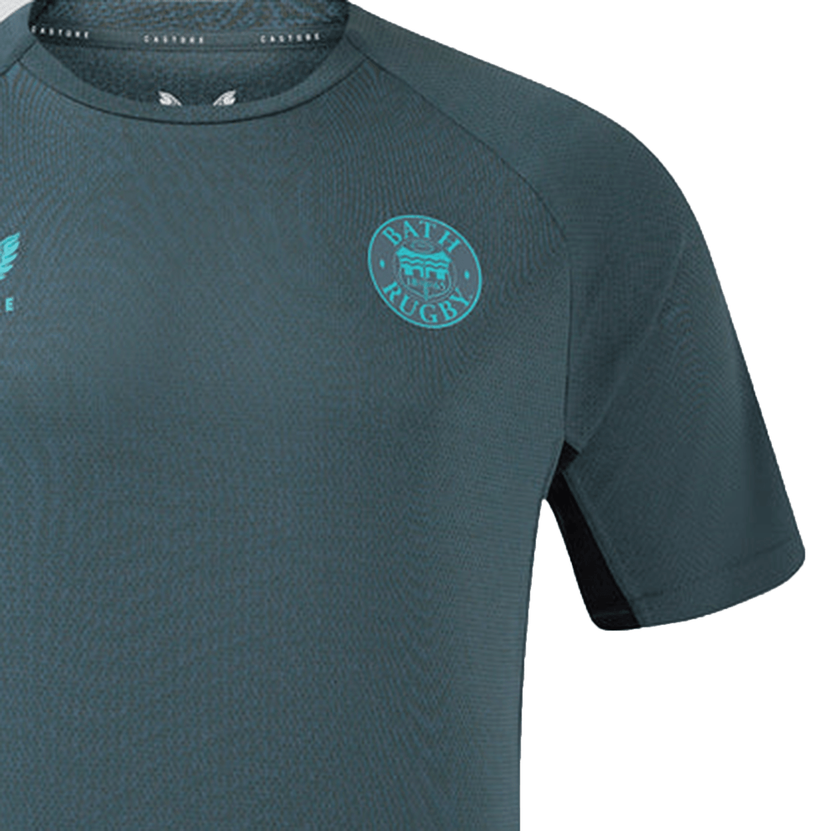 Dark gray athletic shirt featuring a Bath Rugby logo on the chest, designed by Castore for their Bath Rugby 24/25 Rise Pro Players Training Tee collection.