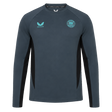The Bath 24/25 Pro Players Long Sleeve Tee by Castore features a dark grey design with a light blue Castore logo, Bath Rugby club badge, and black side panels—a perfect long sleeve tee for fans and athletes.