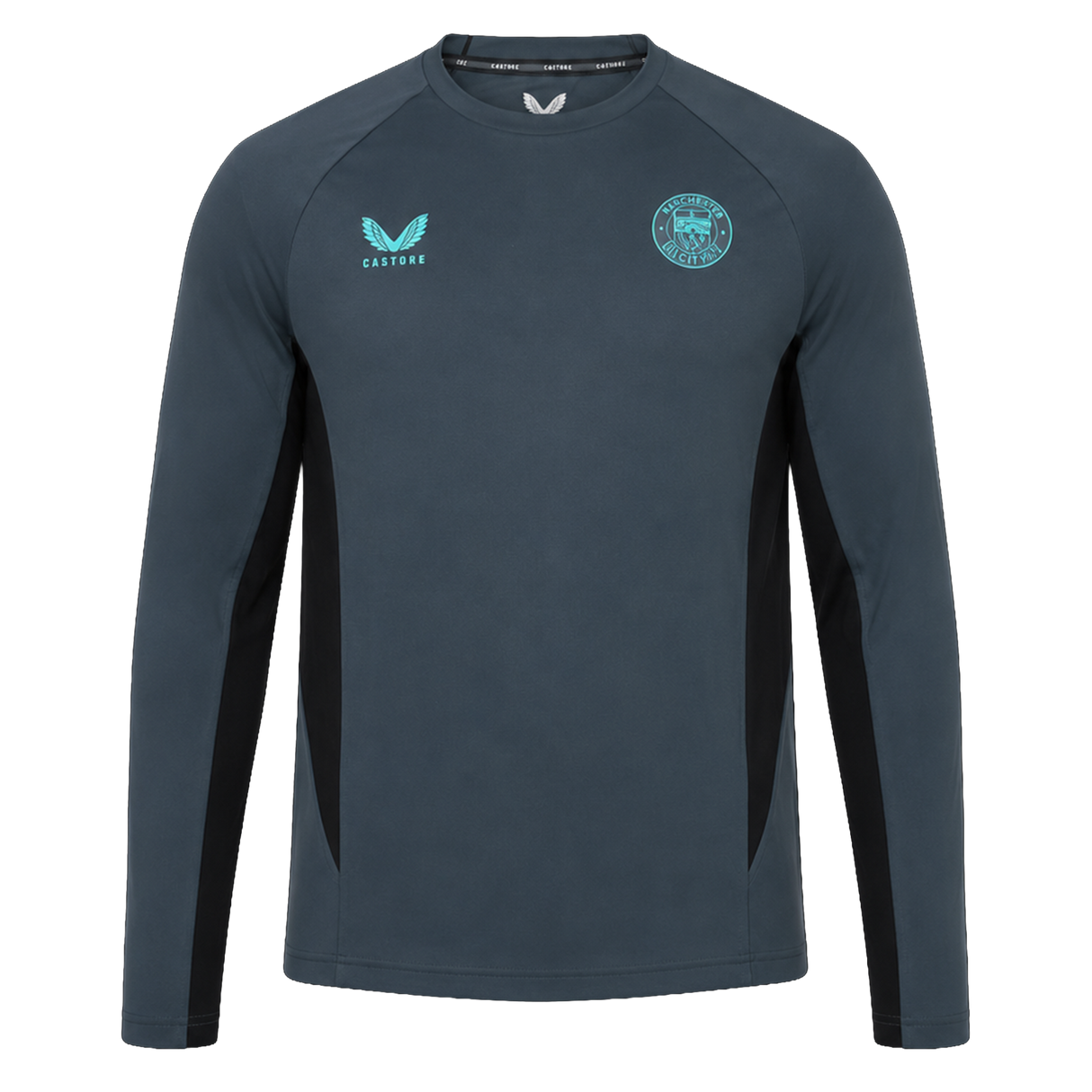 The Bath 24/25 Pro Players Long Sleeve Tee by Castore features a dark grey design with a light blue Castore logo, Bath Rugby club badge, and black side panels—a perfect long sleeve tee for fans and athletes.