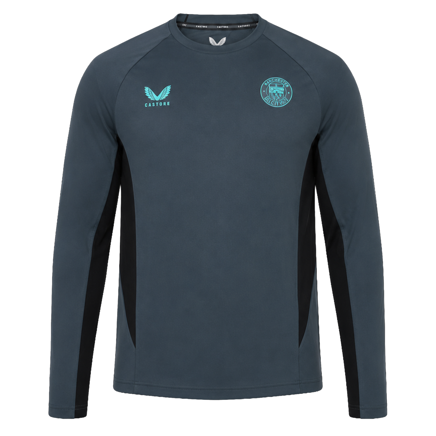 The Bath 24/25 Pro Players Long Sleeve Tee by Castore features a dark grey design with a light blue Castore logo, Bath Rugby club badge, and black side panels—a perfect long sleeve tee for fans and athletes.