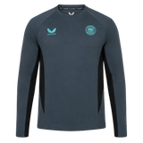 The Bath 24/25 Pro Players Long Sleeve Tee by Castore features a dark grey design with a light blue Castore logo, Bath Rugby club badge, and black side panels—a perfect long sleeve tee for fans and athletes.