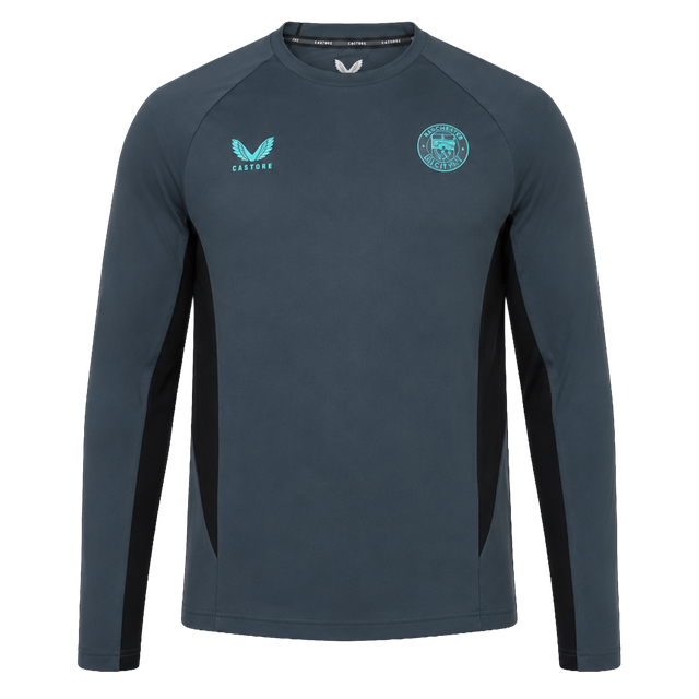 The Bath 24/25 Pro Players Long Sleeve Tee by Castore features a dark grey design with a light blue Castore logo, Bath Rugby club badge, and black side panels—a perfect long sleeve tee for fans and athletes.