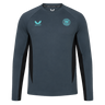 The Bath 24/25 Pro Players Long Sleeve Tee by Castore features a dark grey design with a light blue Castore logo, Bath Rugby club badge, and black side panels—a perfect long sleeve tee for fans and athletes.