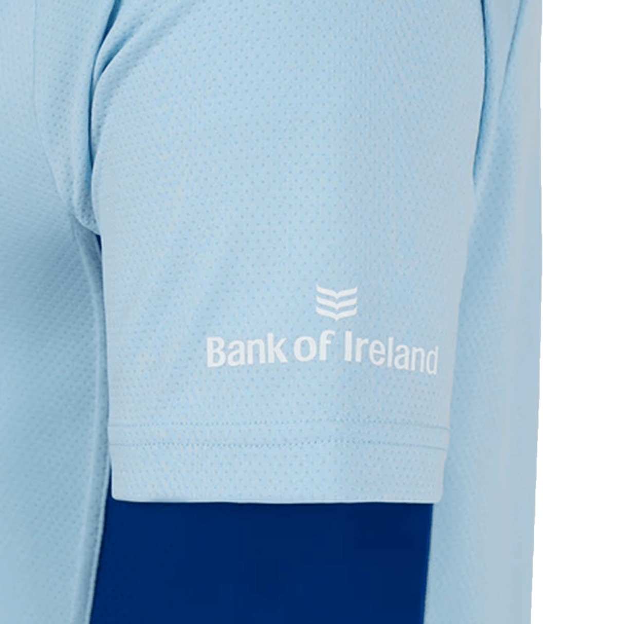Close-up of a light blue shirt sleeve featuring a "Bank of Ireland" logo in white text, similar to the Leinster 24/25 Rise Pro Players Training Tee by Castore worn by Leinster Rugby professionals.
