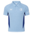 The Castore Leinster 24/25 Pro Players Media Polo features a light blue design with dark blue side panels, three-button placket, and sponsor logos on the chest and sleeve.