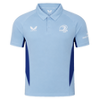 The Castore Leinster 24/25 Pro Players Media Polo features a light blue design with dark blue side panels, three-button placket, and sponsor logos on the chest and sleeve.