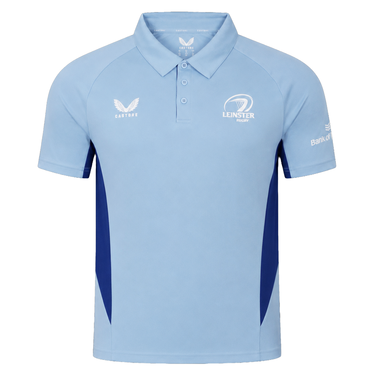 The Castore Leinster 24/25 Pro Players Media Polo features a light blue design with dark blue side panels, three-button placket, and sponsor logos on the chest and sleeve.