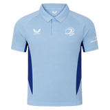 The Castore Leinster 24/25 Pro Players Media Polo features a light blue design with dark blue side panels, three-button placket, and sponsor logos on the chest and sleeve.