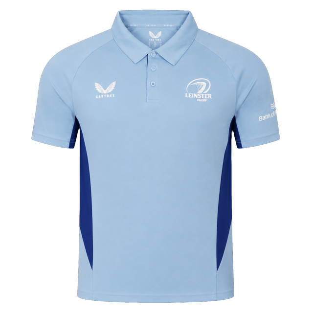 The Castore Leinster 24/25 Pro Players Media Polo features a light blue design with dark blue side panels, three-button placket, and sponsor logos on the chest and sleeve.