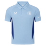 The Castore Leinster 24/25 Pro Players Media Polo features a light blue design with dark blue side panels, three-button placket, and sponsor logos on the chest and sleeve.