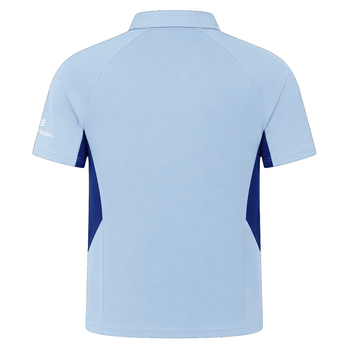 The Castore Leinster 24/25 Pro Players Media Polo features light blue short sleeves and dark blue side panels, shown from the back.