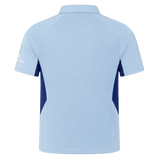 The Castore Leinster 24/25 Pro Players Media Polo features light blue short sleeves and dark blue side panels, shown from the back.