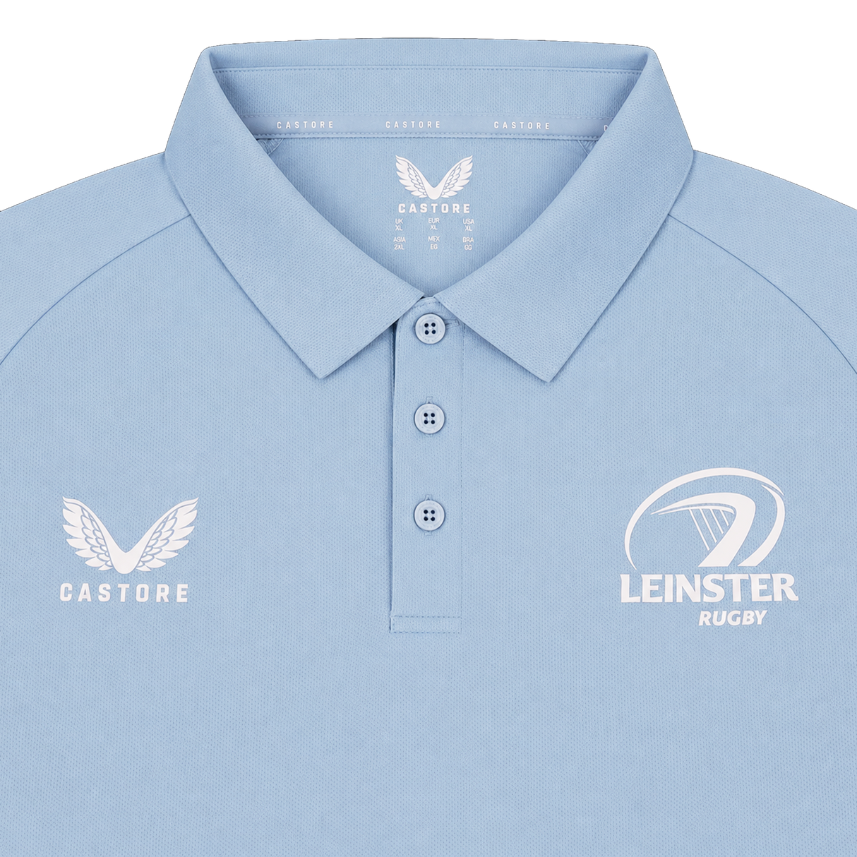 The Leinster 24/25 Pro Players Media Polo by Castore features moisture-wicking performance and white Castore and Leinster Rugby logos on the chest.