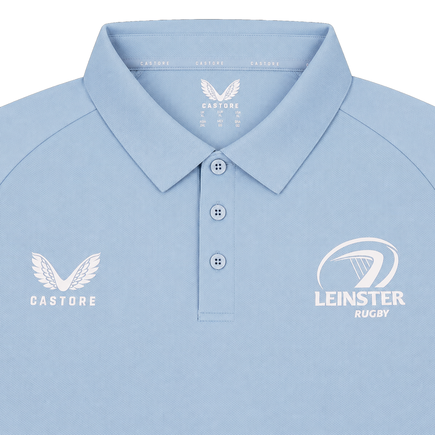 The Leinster 24/25 Pro Players Media Polo by Castore features moisture-wicking performance and white Castore and Leinster Rugby logos on the chest.