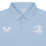 The Leinster 24/25 Pro Players Media Polo by Castore features moisture-wicking performance and white Castore and Leinster Rugby logos on the chest.